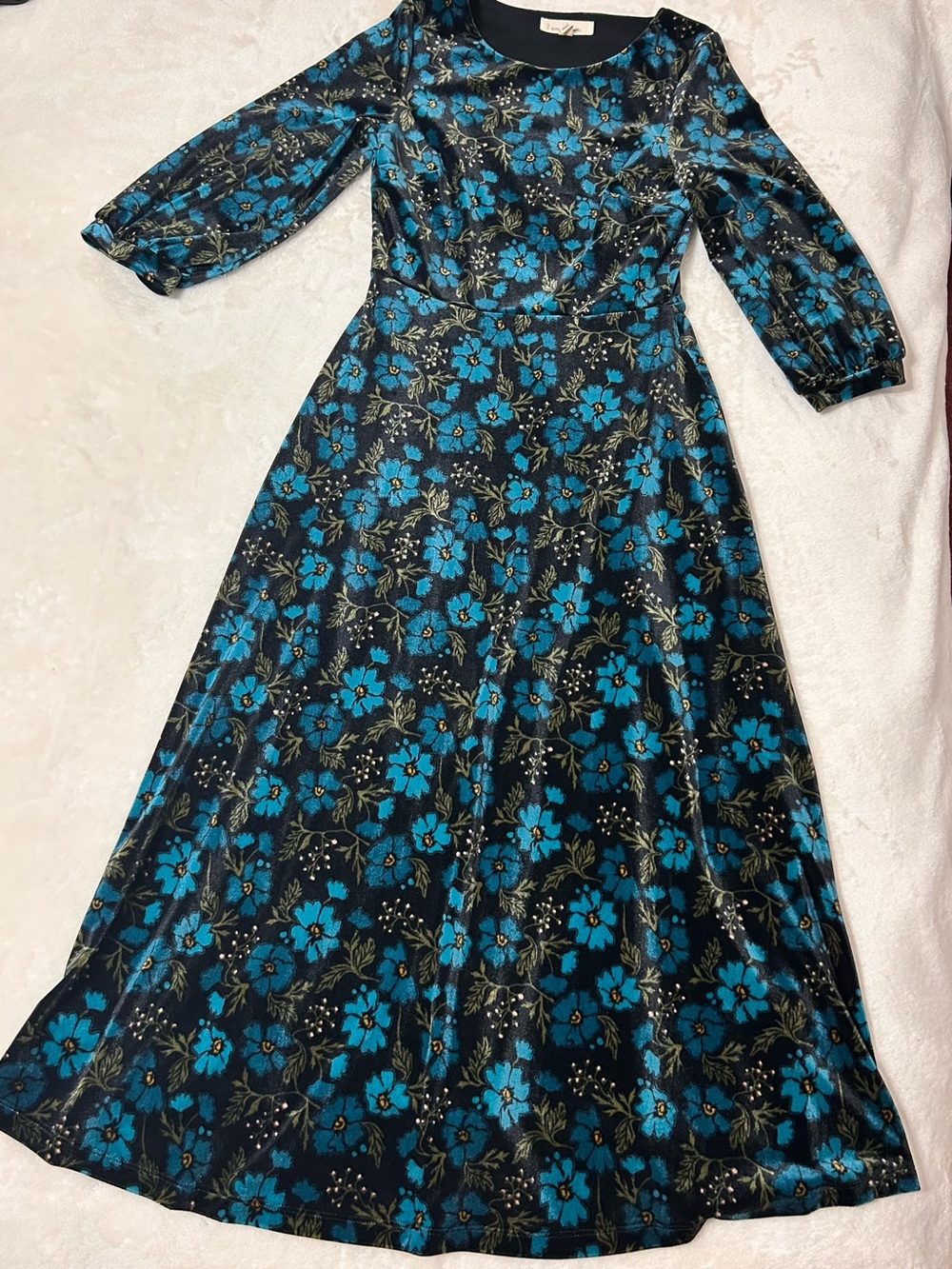 Seasalt Cornwall Oak Cottage Fit & Flare Velvet Dress, Teal/Black Floral